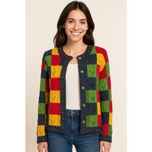 Vintage Susan Bristol Sweater Size Large Cardigan Colorful Floral Patchwork 90s0